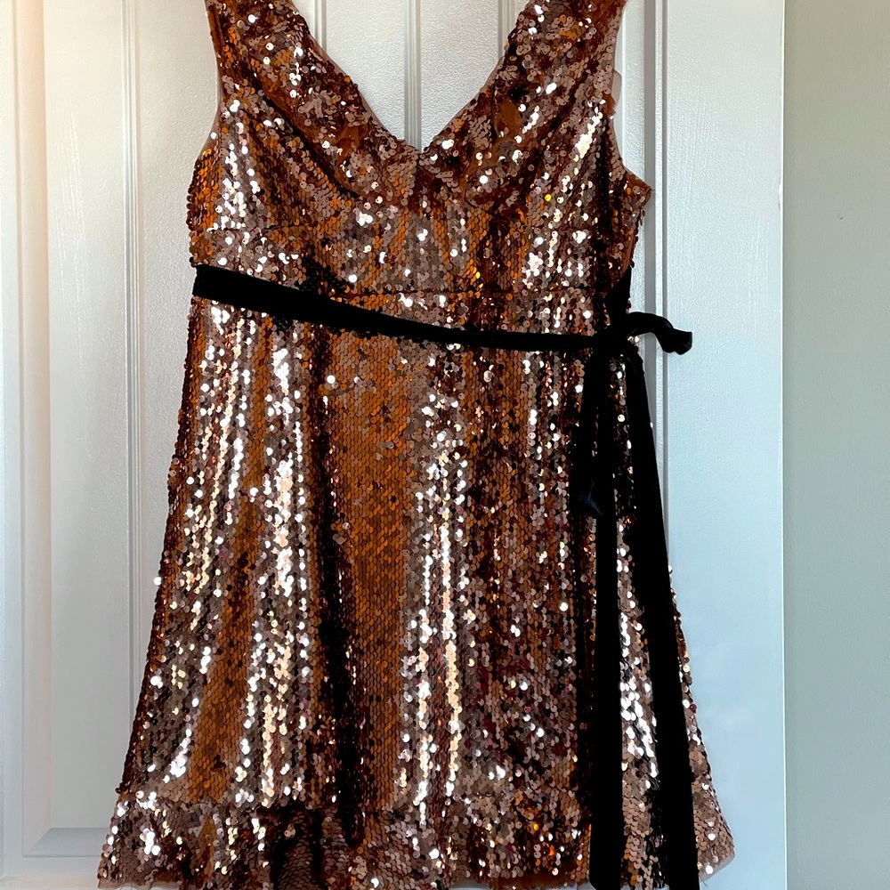 Free People Rose Gold Sequin Formal Evening Holiday Party Dress, Sz 12 - Picture 5 of 15